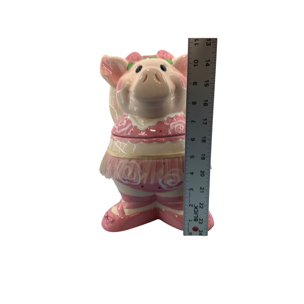 Vintage Ballerina Pig Ceramic Cookie Jar Pink Tutu Roses Whimsical Kitchen Decor - Picture 9 of 9